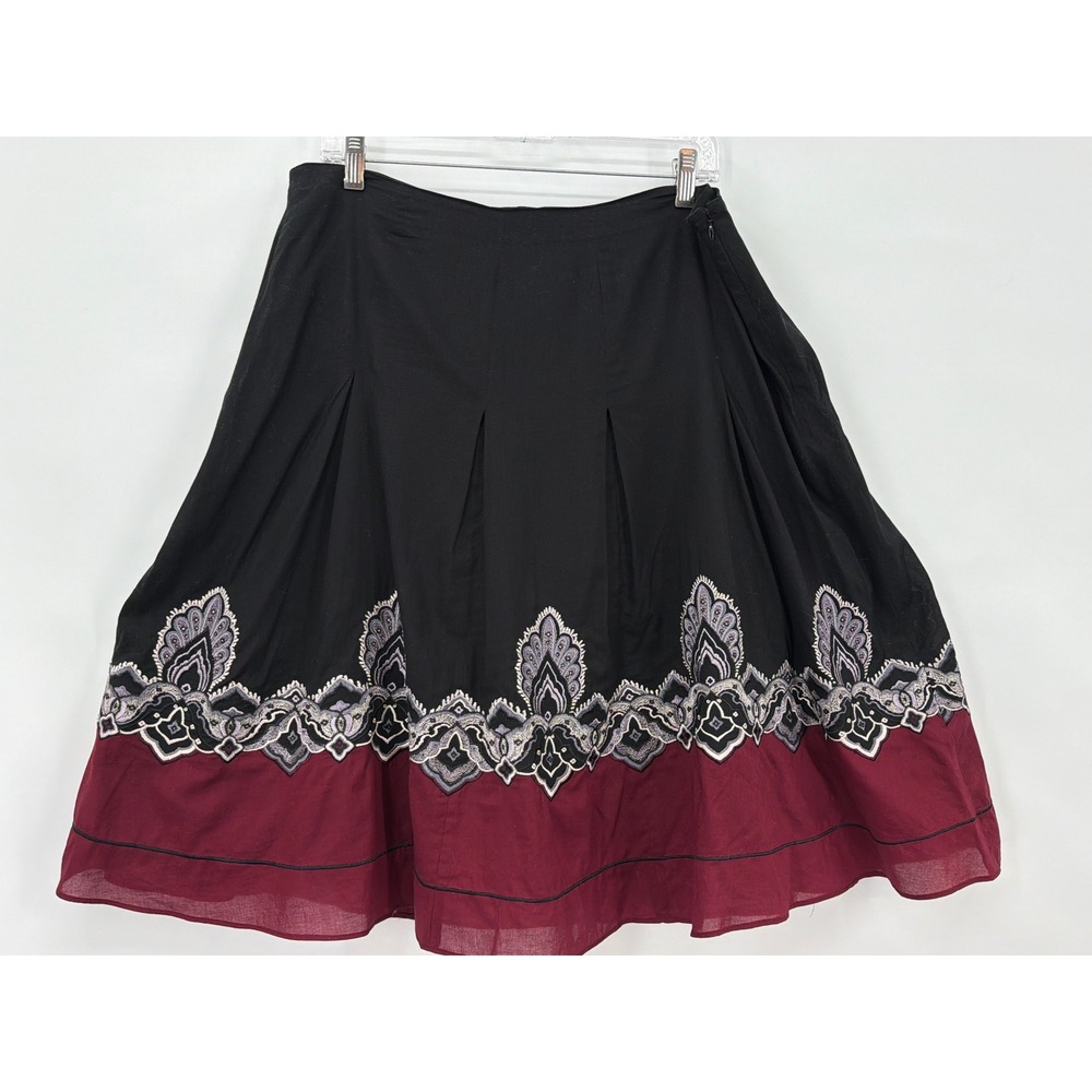 Ann Taylor Black Burgundy Embroidered Cotton A-Line Skirt 14 Boho Knee-Length